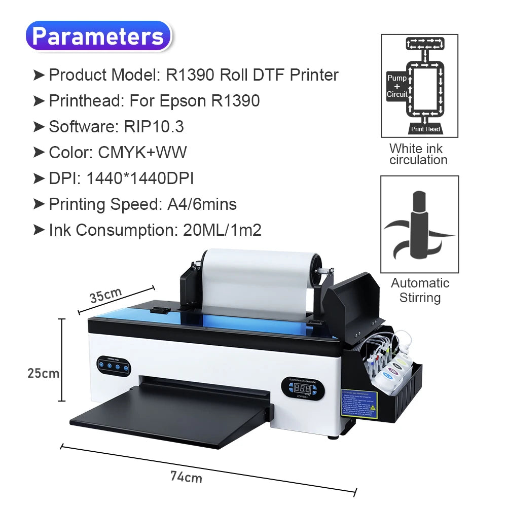 R1390 DTF Transfer Printer with Roll Feeder